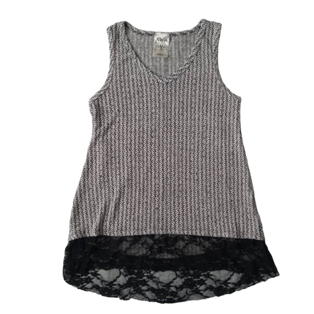 Vocal Gray Black Rhinestone Tight Knit Lace Hem V-Neck Tank Top Women's Small